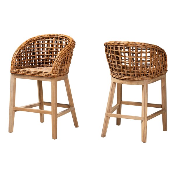 Baxton Studio Mario Modern Bohemian Natural Brown Finished Teak Wood and Rattan 2-Piece Counter Stool Set 232-2PC-13250-ZORO - main